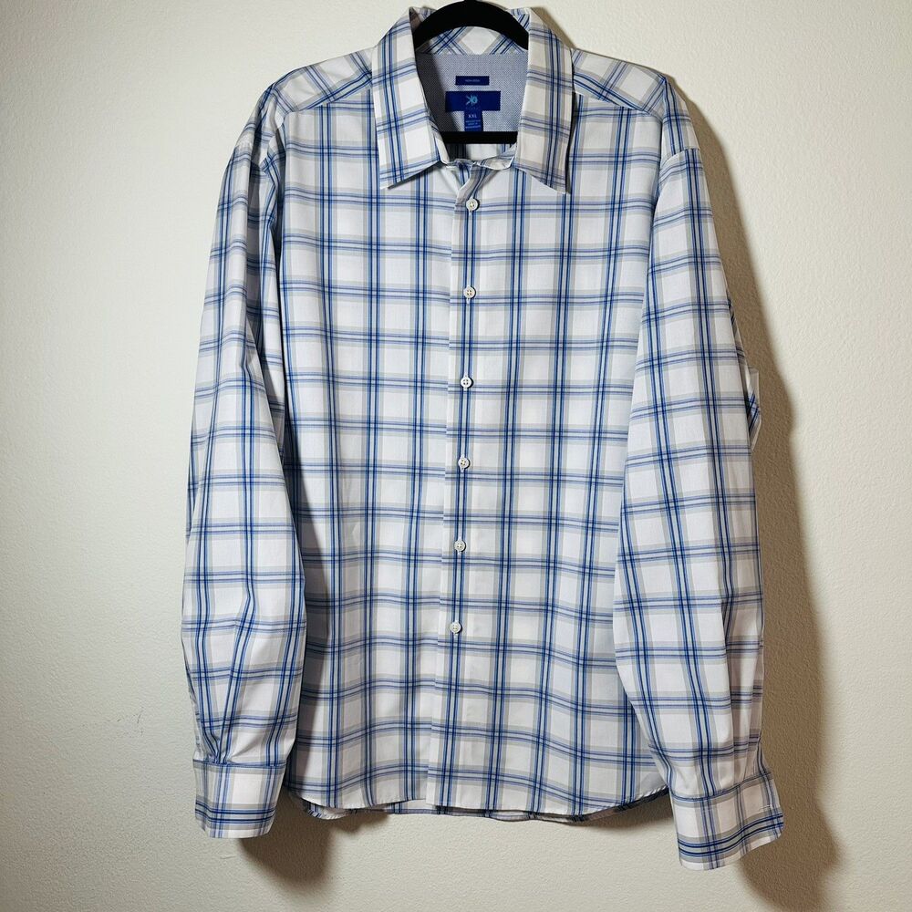 EGARA Mens 2X Non-Iron Blue Gray Plaid Long Sleeve Dress Shirt Cotton